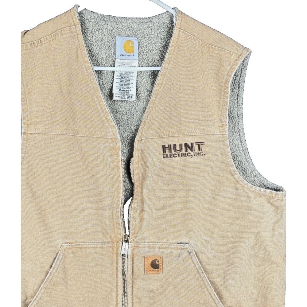Carhartt V26 CML Vest Mens Large Distressed Tan Duck Canvas Sherpa Lined USA VTG